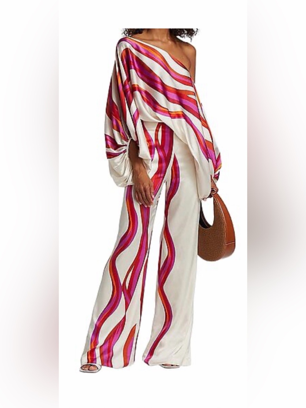 Cream Wide-Leg Pants with Pink & Red Wave Stripe